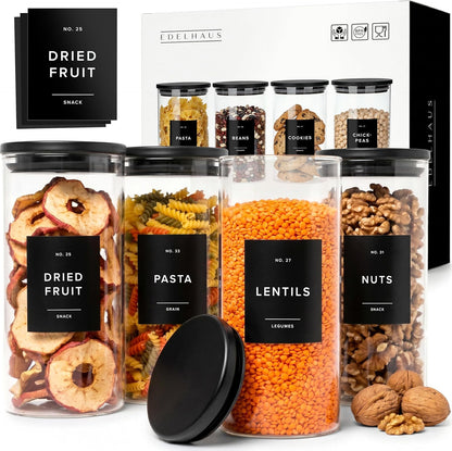 Glass Pantry Storage Jars Containers with Black Lids and Labels - Set of 4