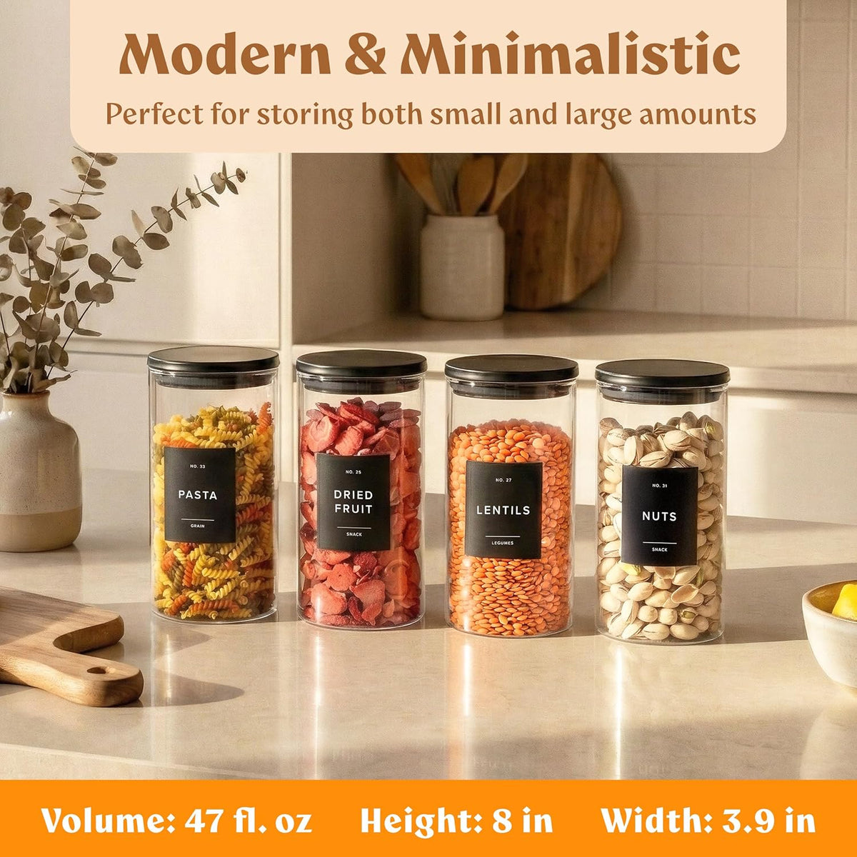 Glass Pantry Storage Jars Containers with Black Lids and Labels - Set of 4