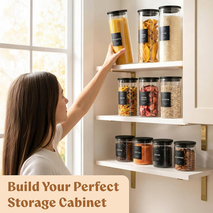 Glass Pantry Storage Jars Containers with Black Lids and Labels - Set of 4