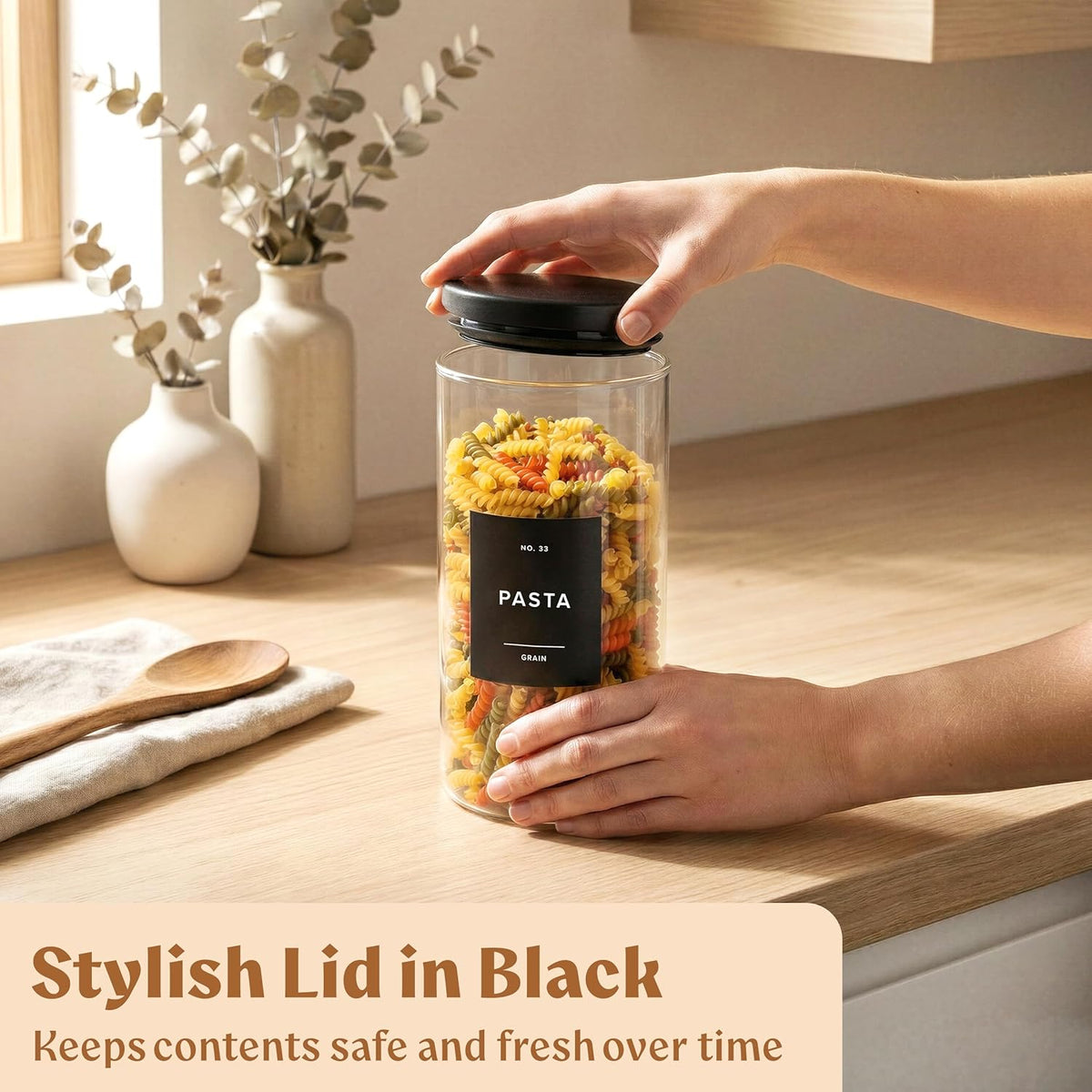 Glass Pantry Storage Jars Containers with Black Lids and Labels - Set of 4