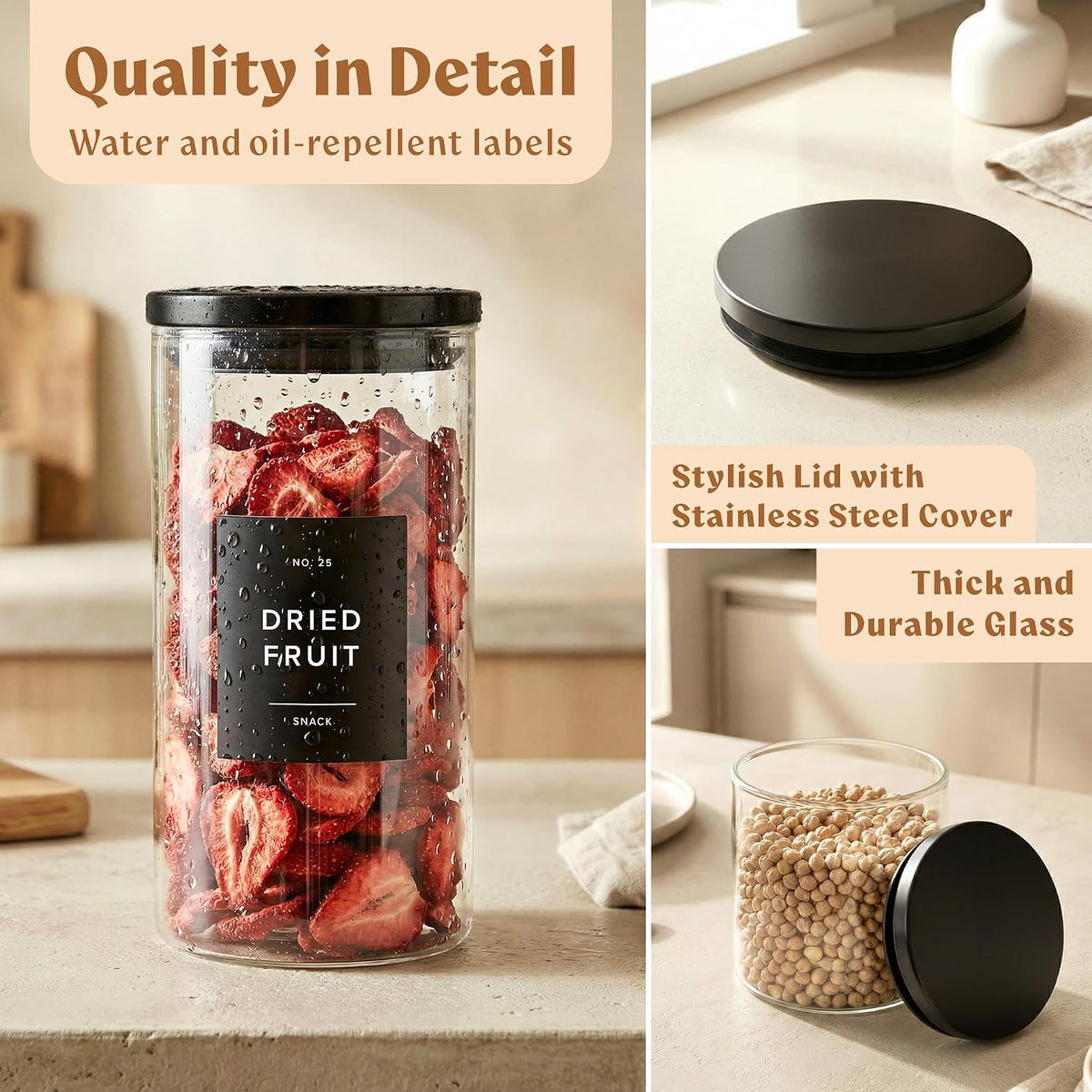 Glass Pantry Storage Jars Containers with Black Lids and Labels - Set of 4