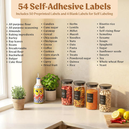 Glass Pantry Storage Jars Containers with Black Lids and Labels - Set of 4