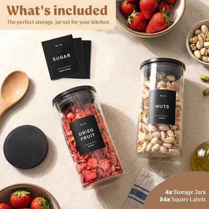 Glass Pantry Storage Jars Containers with Black Lids and Labels - Set of 4