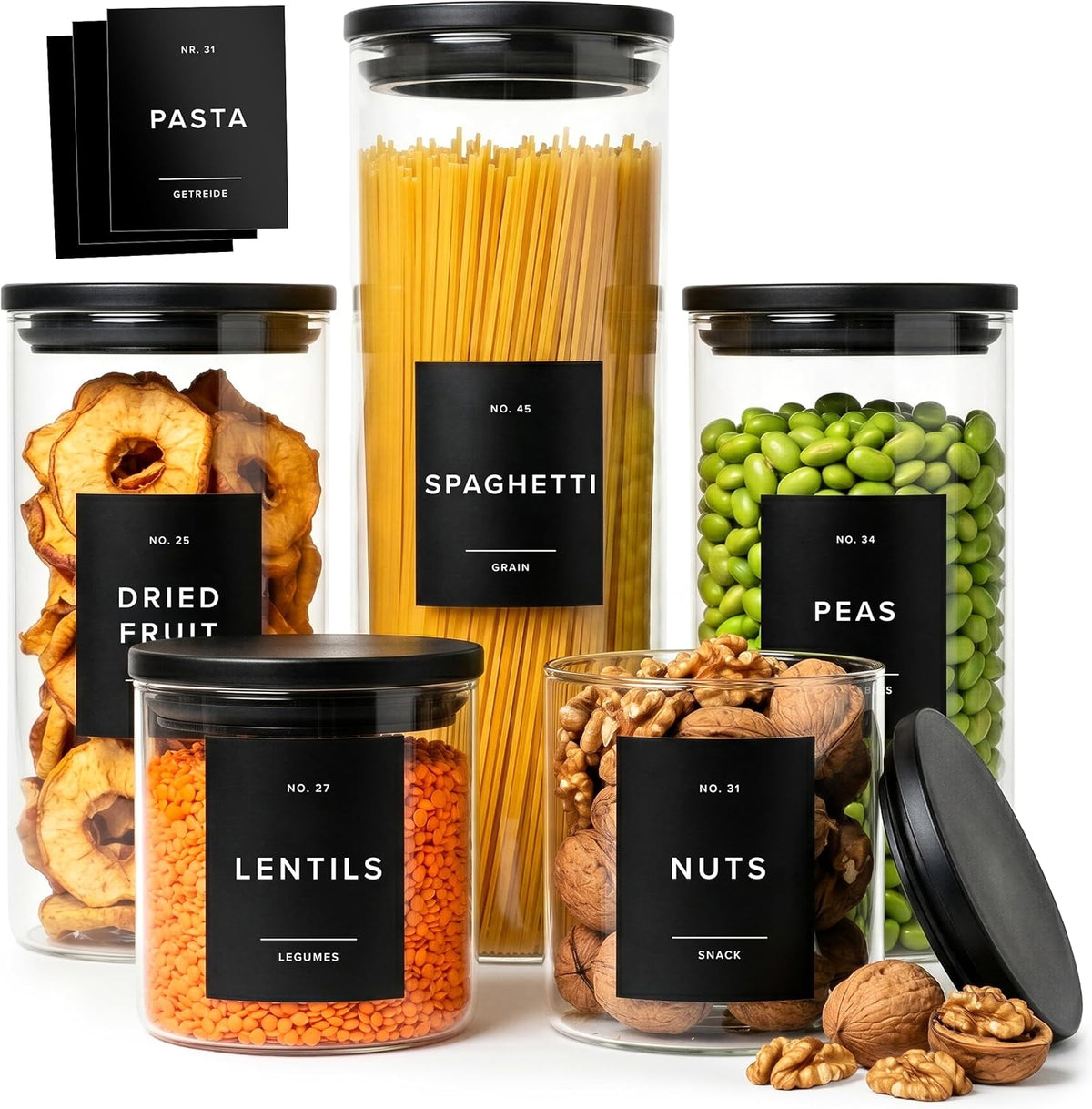 Glass Pantry Storage Jars Containers with Black Lids and Labels - Set of 4