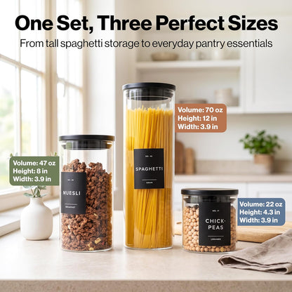 Glass Pantry Storage Jars Containers with Black Lids and Labels - Set of 4