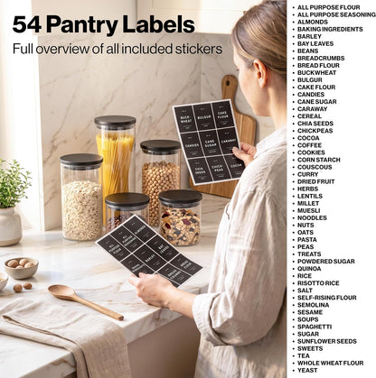 Glass Pantry Storage Jars Containers with Black Lids and Labels - Set of 4