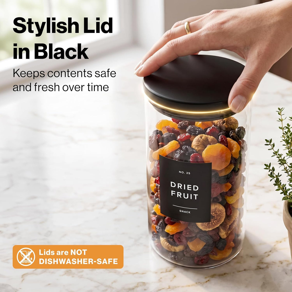 Glass Pantry Storage Jars Containers with Black Lids and Labels - Set of 4