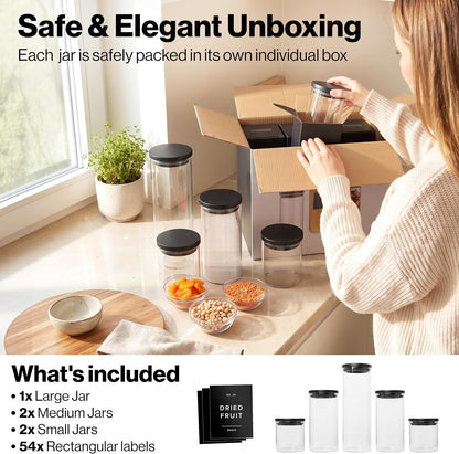 Glass Pantry Storage Jars Containers with Black Lids and Labels - Set of 4