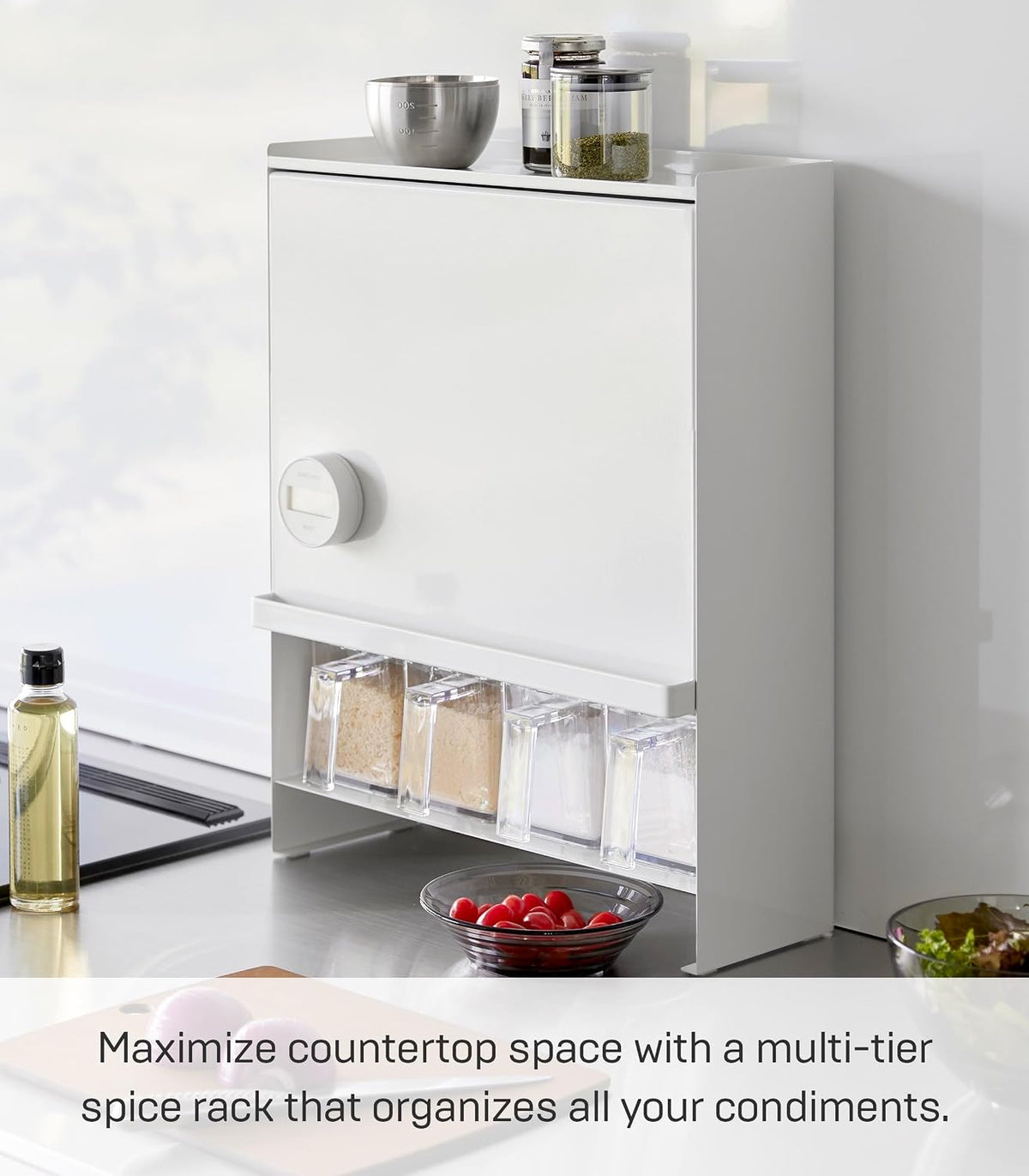 Home Spice Rack, Large Multi-Tier with Door Metal Shelves, White