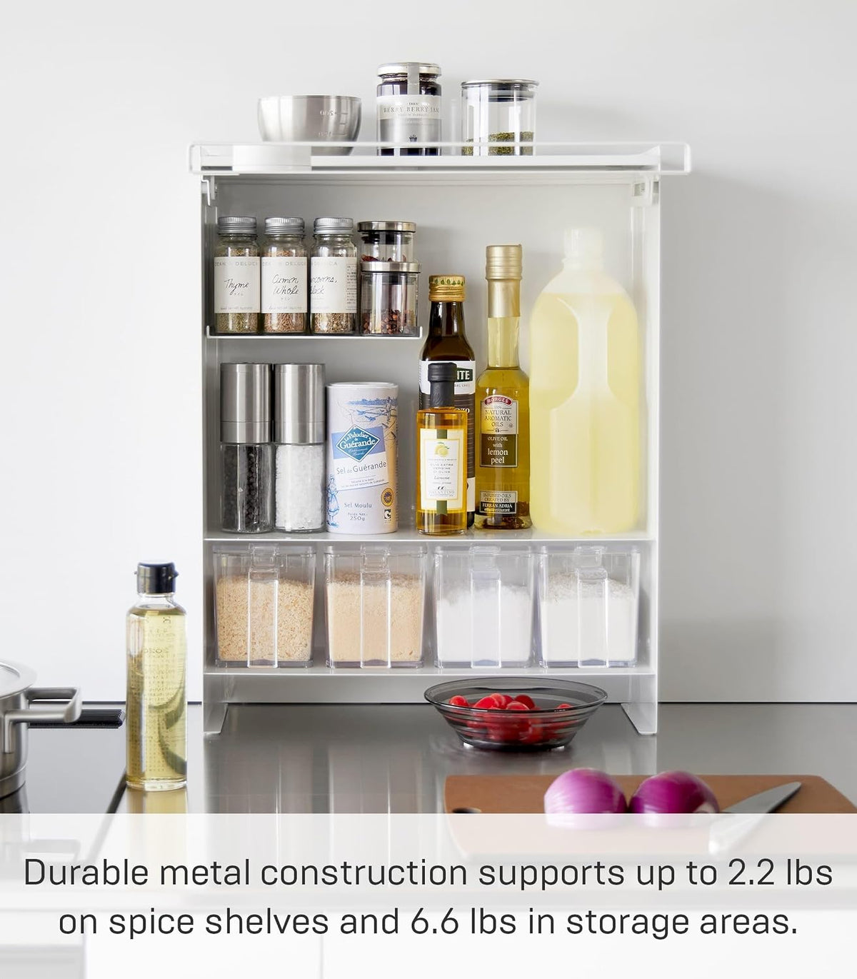 Home Spice Rack, Large Multi-Tier with Door Metal Shelves, White