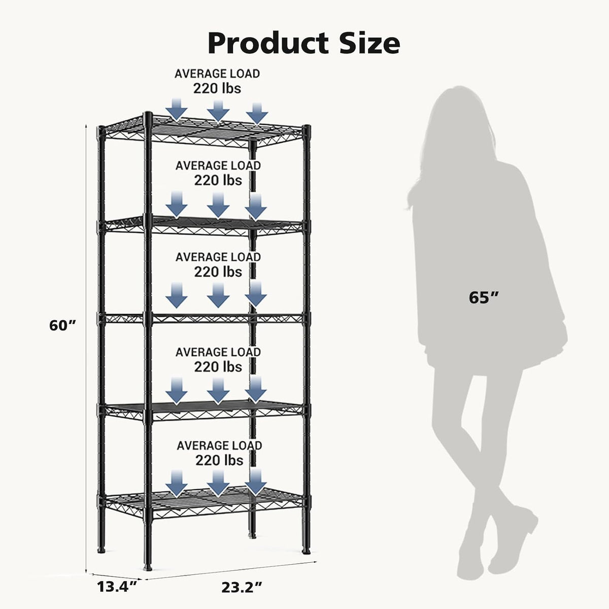 DUMOS 5-Tier Metal Storage Shelves, Wire Shelving, Storage Rack, 23.2" W