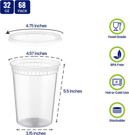 20 Sets 32 oz Plastic Deli Food Containers With Lids, Airtight Food Storage Containers, Freezer/Dishwasher/Microwave Safe, Soup Containers For Takeout Meal Prep Storage