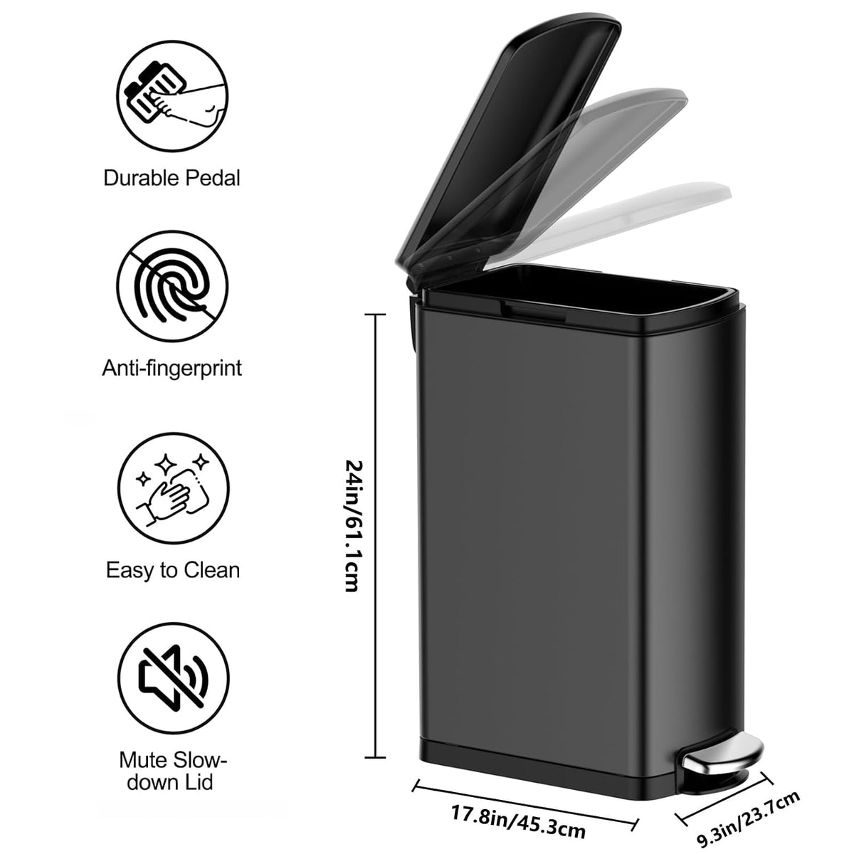 Takywep 8 Gallon Slim Trash Can, Narrow Stainless Steel Step Bin, Black