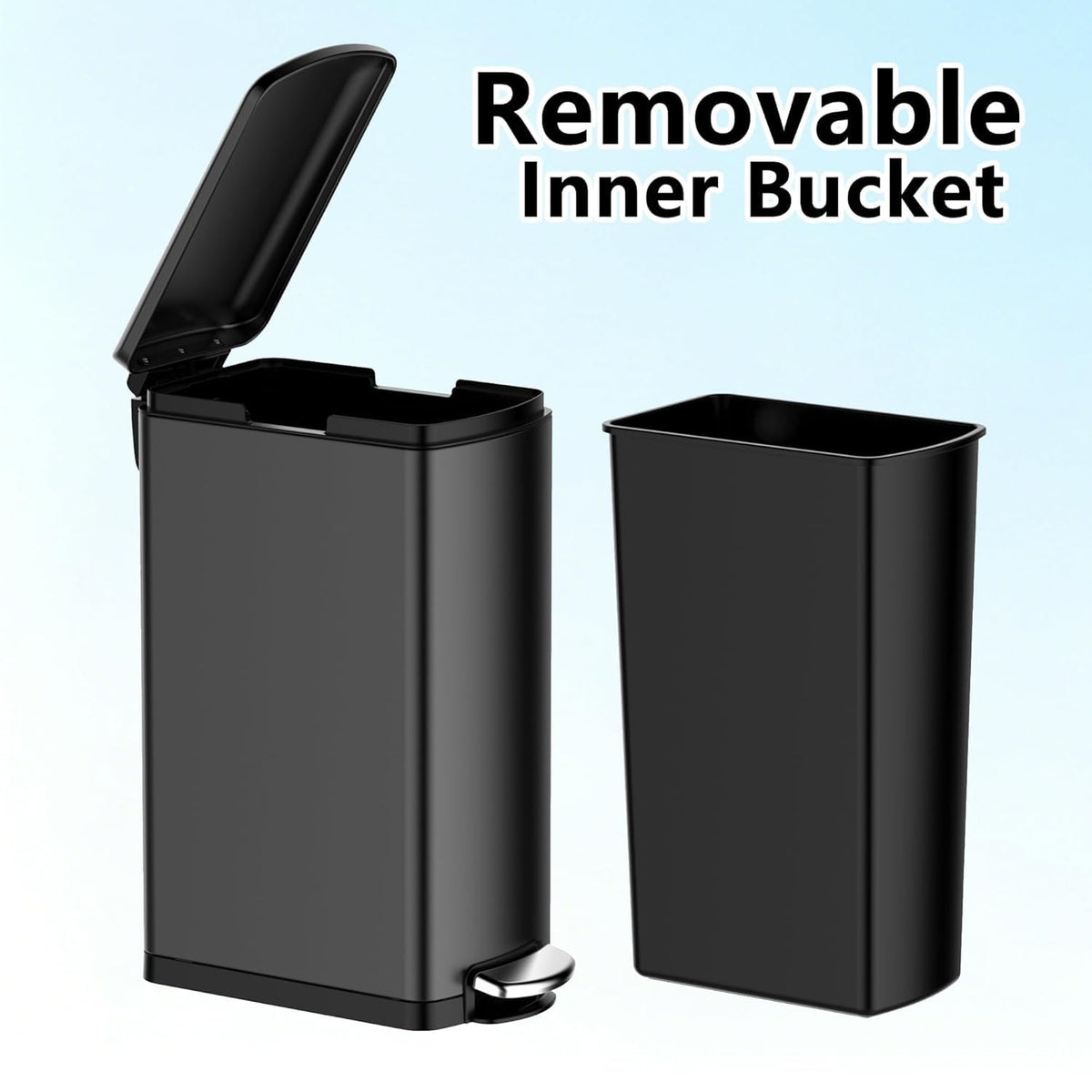 Takywep 8 Gallon Slim Trash Can, Narrow Stainless Steel Step Bin, Black