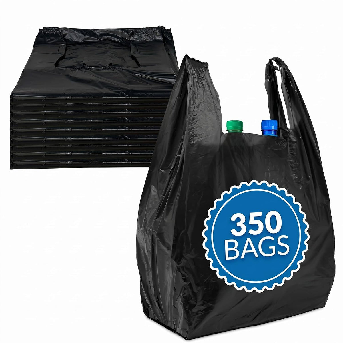 . T-shirt Plastic Bags | 350 Pack | Black Plastic Bags with Handles | (Plain) | Ideal for Grocery, Shopping, Food Take Out/To Go, Small Business