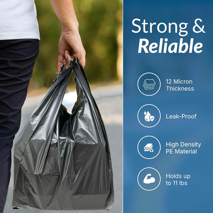 . T-shirt Plastic Bags | 350 Pack | Black Plastic Bags with Handles | (Plain) | Ideal for Grocery, Shopping, Food Take Out/To Go, Small Business