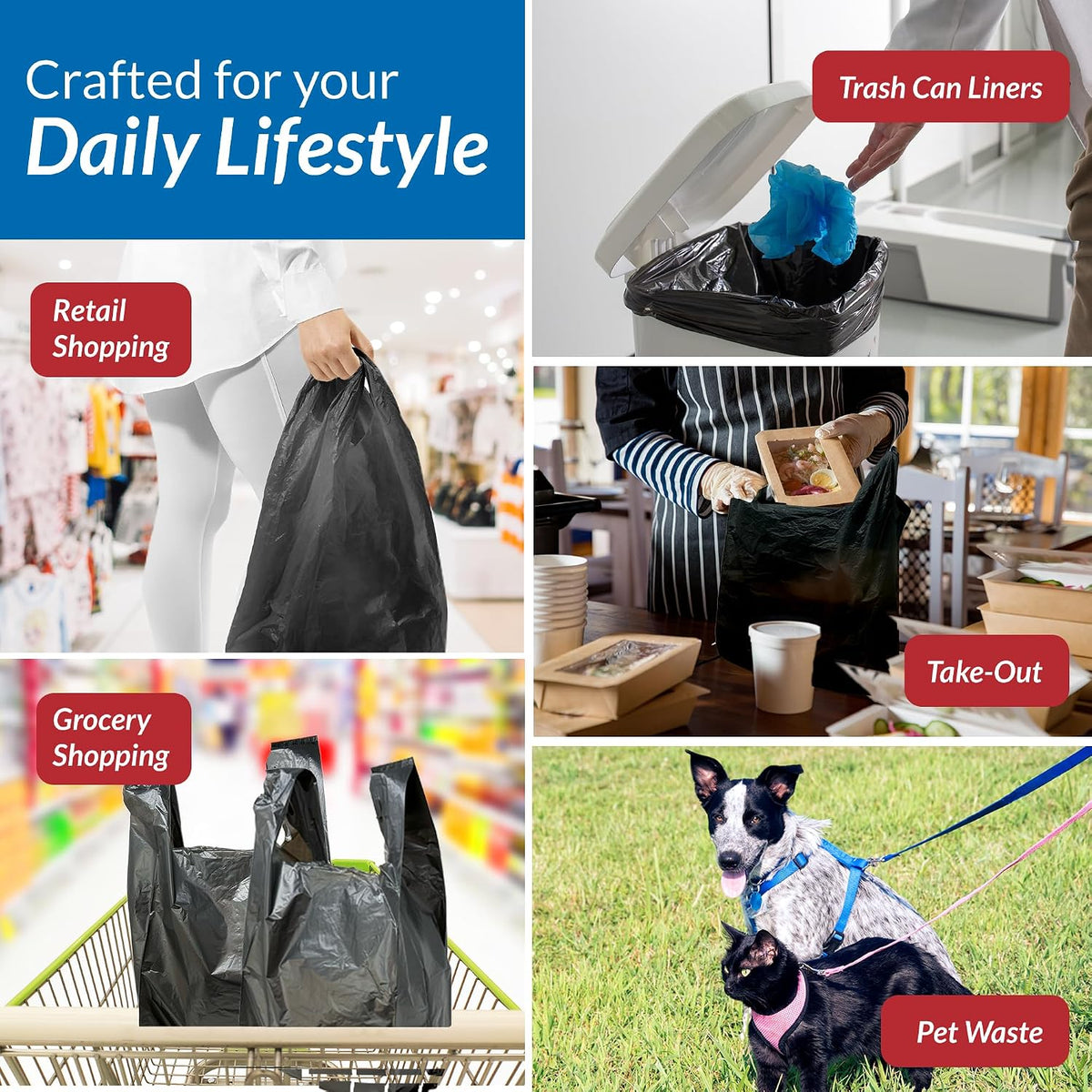 . T-shirt Plastic Bags | 350 Pack | Black Plastic Bags with Handles | (Plain) | Ideal for Grocery, Shopping, Food Take Out/To Go, Small Business