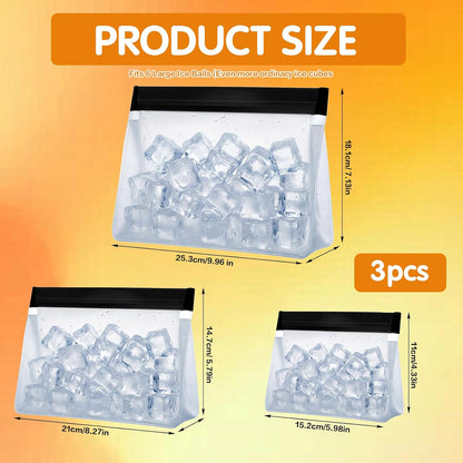 3Pcs Ice Bags Reusable, 3 Sizes Clear Leak Proof Freezer Bag, Ice Cube Storage Bags, Freezer Holder Container, Secure Zip Seal Close Design, Durable Snack Storage Bag for Travel Food Whiskey