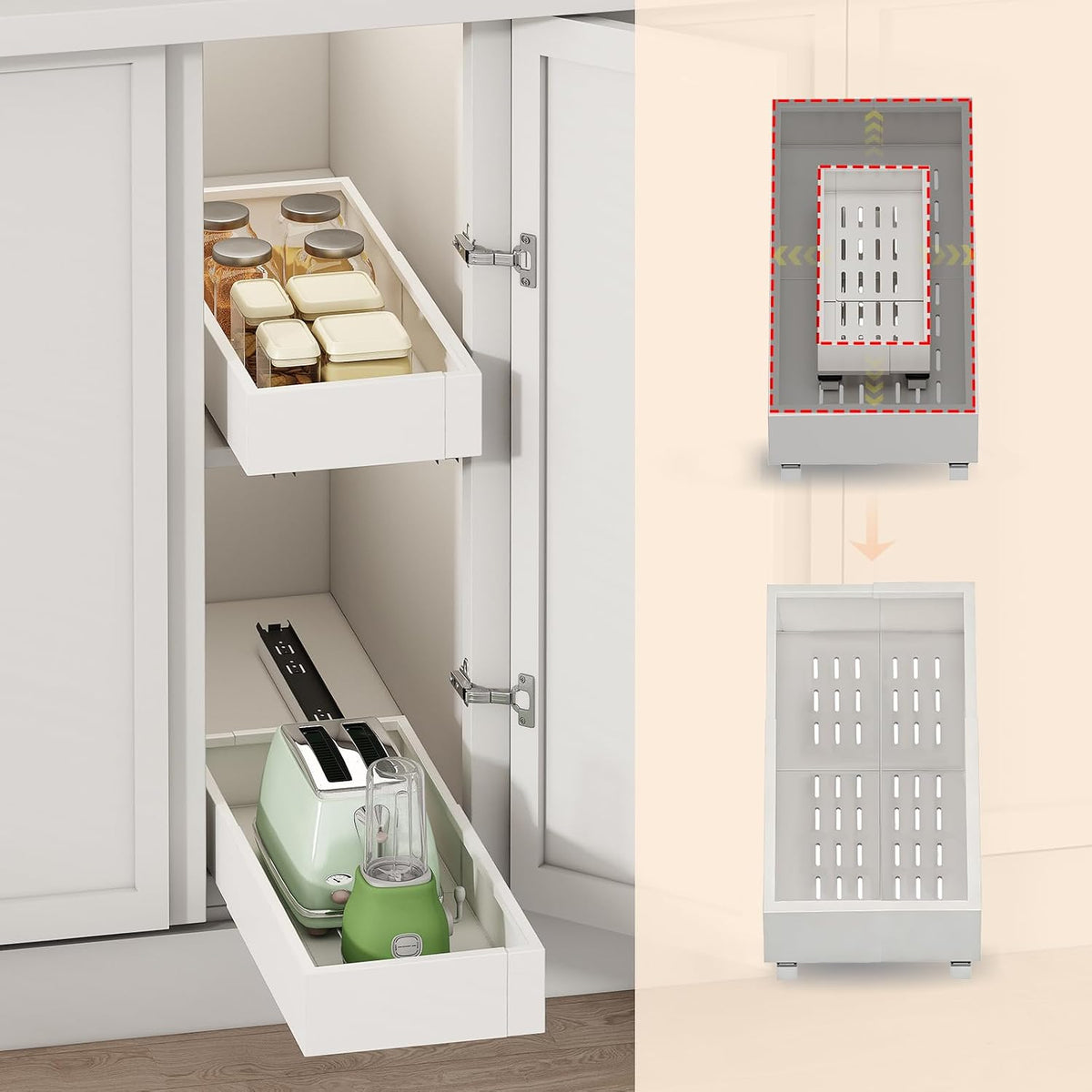 2Pc Pull out Cabinet Organizer,Width (14"-21"),Depth(17"-24") Expandable with 3 Rails,No Drill Roll out Drawers,Adhesive Sliding Drawers,Slide out Shelves for Cabinets Without Lip,Kitchen,Pantry,White