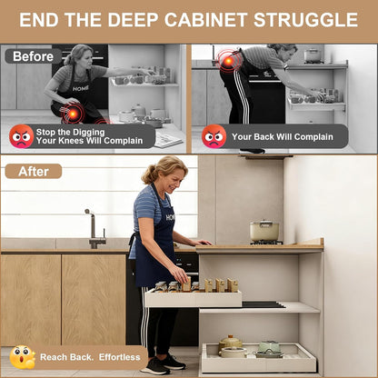 2Pc Pull out Cabinet Organizer,Width (14"-21"),Depth(17"-24") Expandable with 3 Rails,No Drill Roll out Drawers,Adhesive Sliding Drawers,Slide out Shelves for Cabinets Without Lip,Kitchen,Pantry,White
