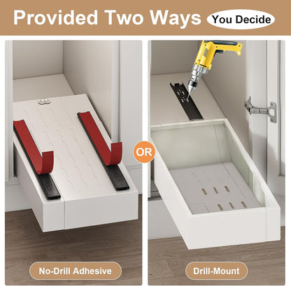 2Pc Pull out Cabinet Organizer,Width (14"-21"),Depth(17"-24") Expandable with 3 Rails,No Drill Roll out Drawers,Adhesive Sliding Drawers,Slide out Shelves for Cabinets Without Lip,Kitchen,Pantry,White