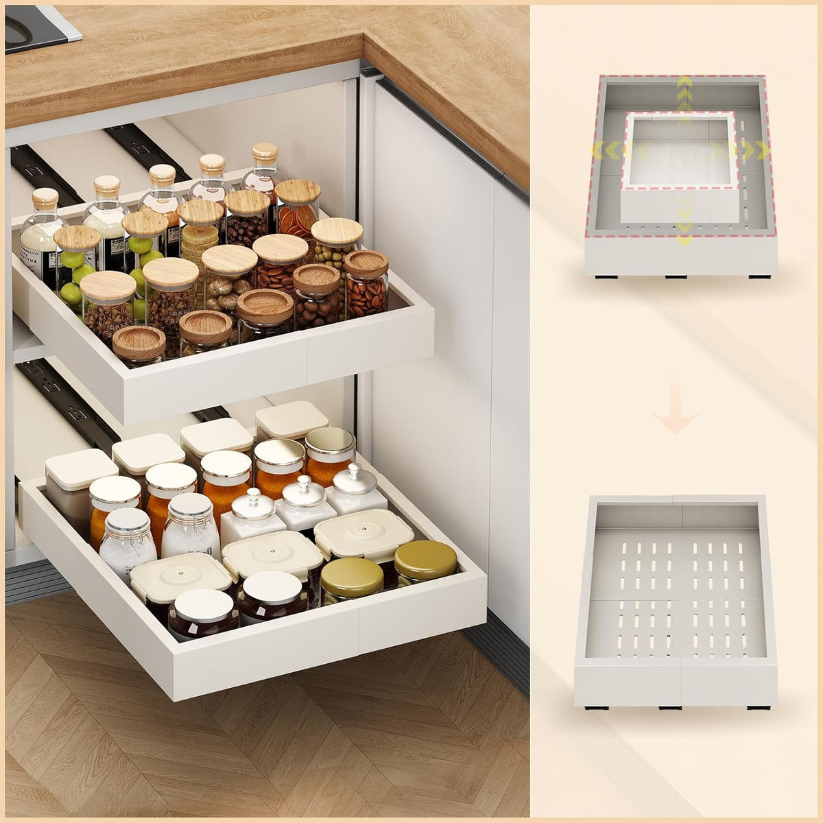 2Pc Pull out Cabinet Organizer,Width (14"-21"),Depth(17"-24") Expandable with 3 Rails,No Drill Roll out Drawers,Adhesive Sliding Drawers,Slide out Shelves for Cabinets Without Lip,Kitchen,Pantry,White
