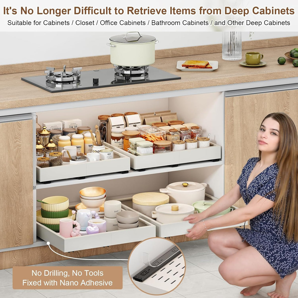 2Pc Pull out Cabinet Organizer,Width (14"-21"),Depth(17"-24") Expandable with 3 Rails,No Drill Roll out Drawers,Adhesive Sliding Drawers,Slide out Shelves for Cabinets Without Lip,Kitchen,Pantry,White