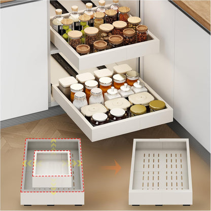 2Pc Pull out Cabinet Organizer,Width (14"-21"),Depth(17"-24") Expandable with 3 Rails,No Drill Roll out Drawers,Adhesive Sliding Drawers,Slide out Shelves for Cabinets Without Lip,Kitchen,Pantry,White