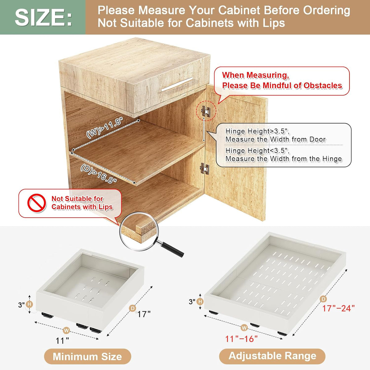 2Pc Pull out Cabinet Organizer,Width (14"-21"),Depth(17"-24") Expandable with 3 Rails,No Drill Roll out Drawers,Adhesive Sliding Drawers,Slide out Shelves for Cabinets Without Lip,Kitchen,Pantry,White