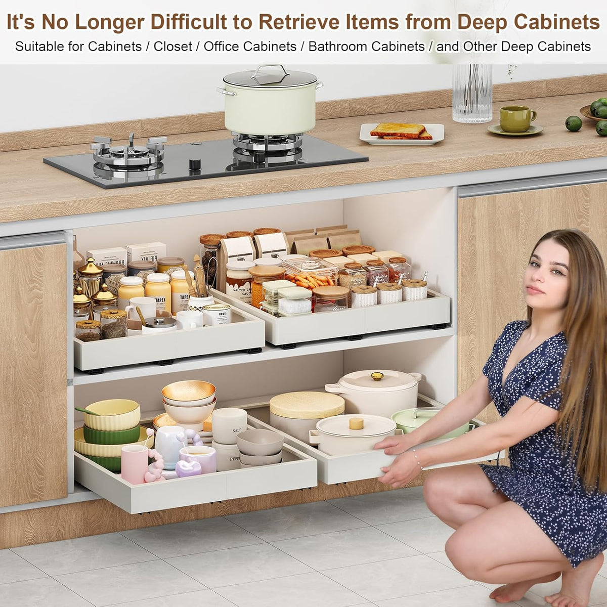 2Pc Pull out Cabinet Organizer,Width (14"-21"),Depth(17"-24") Expandable with 3 Rails,No Drill Roll out Drawers,Adhesive Sliding Drawers,Slide out Shelves for Cabinets Without Lip,Kitchen,Pantry,White