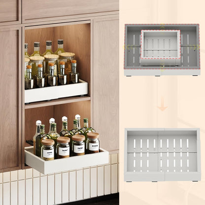 2Pc Pull out Cabinet Organizer,Width (14"-21"),Depth(17"-24") Expandable with 3 Rails,No Drill Roll out Drawers,Adhesive Sliding Drawers,Slide out Shelves for Cabinets Without Lip,Kitchen,Pantry,White