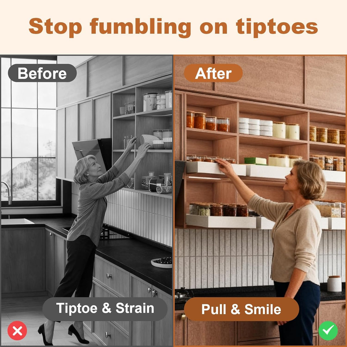 2Pc Pull out Cabinet Organizer,Width (14"-21"),Depth(17"-24") Expandable with 3 Rails,No Drill Roll out Drawers,Adhesive Sliding Drawers,Slide out Shelves for Cabinets Without Lip,Kitchen,Pantry,White