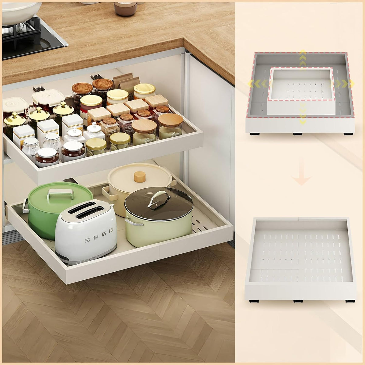 2Pc Pull out Cabinet Organizer,Width (14"-21"),Depth(17"-24") Expandable with 3 Rails,No Drill Roll out Drawers,Adhesive Sliding Drawers,Slide out Shelves for Cabinets Without Lip,Kitchen,Pantry,White