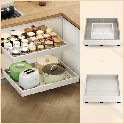 2Pc Pull out Cabinet Organizer,Width (14"-21"),Depth(17"-24") Expandable with 3 Rails,No Drill Roll out Drawers,Adhesive Sliding Drawers,Slide out Shelves for Cabinets Without Lip,Kitchen,Pantry,White