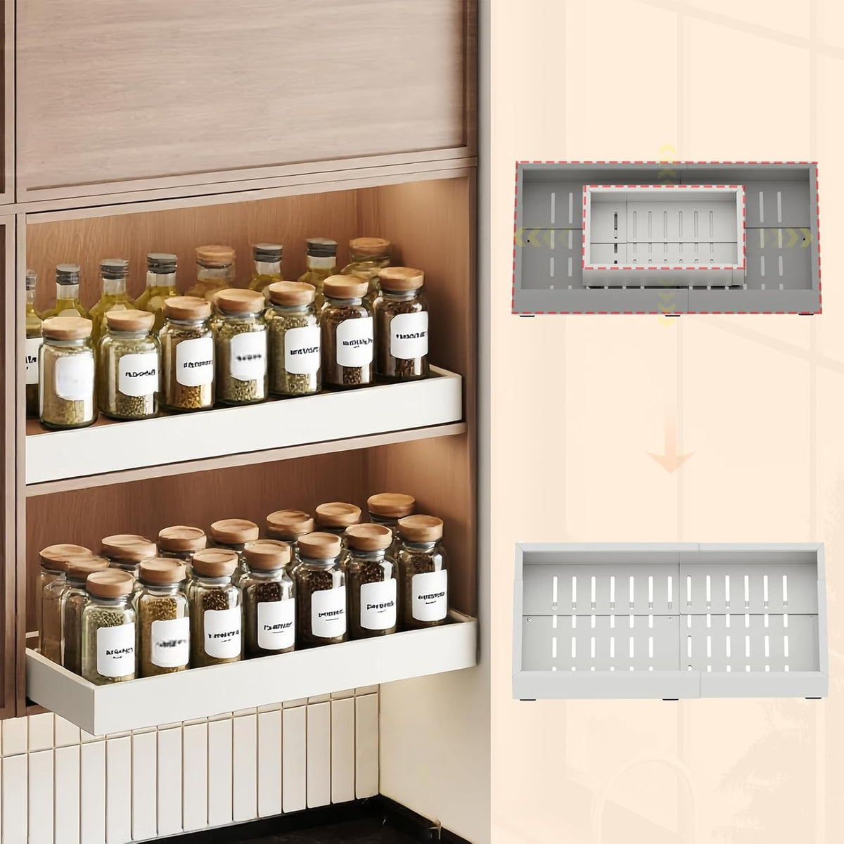 2Pc Pull out Cabinet Organizer,Width (14"-21"),Depth(17"-24") Expandable with 3 Rails,No Drill Roll out Drawers,Adhesive Sliding Drawers,Slide out Shelves for Cabinets Without Lip,Kitchen,Pantry,White