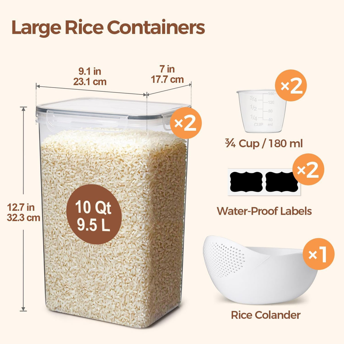 Airtight Rice Storage Container with Lid 10Qt 2Pack, Large Capacity