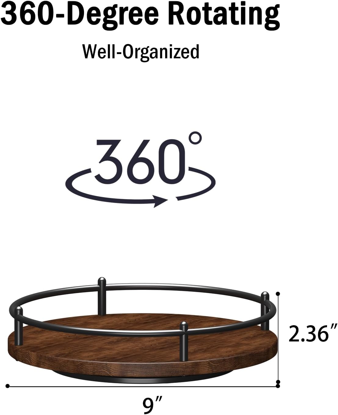 Lazy Susan Organizer：9 Inch Rotating Spice Rack for Kitchen Countertop Round Wooden Turntable Holder for Cabinet, Dining Table, Cupboard Storage – Black