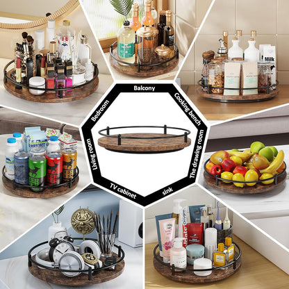 Lazy Susan Organizer：9 Inch Rotating Spice Rack for Kitchen Countertop Round Wooden Turntable Holder for Cabinet, Dining Table, Cupboard Storage – Black