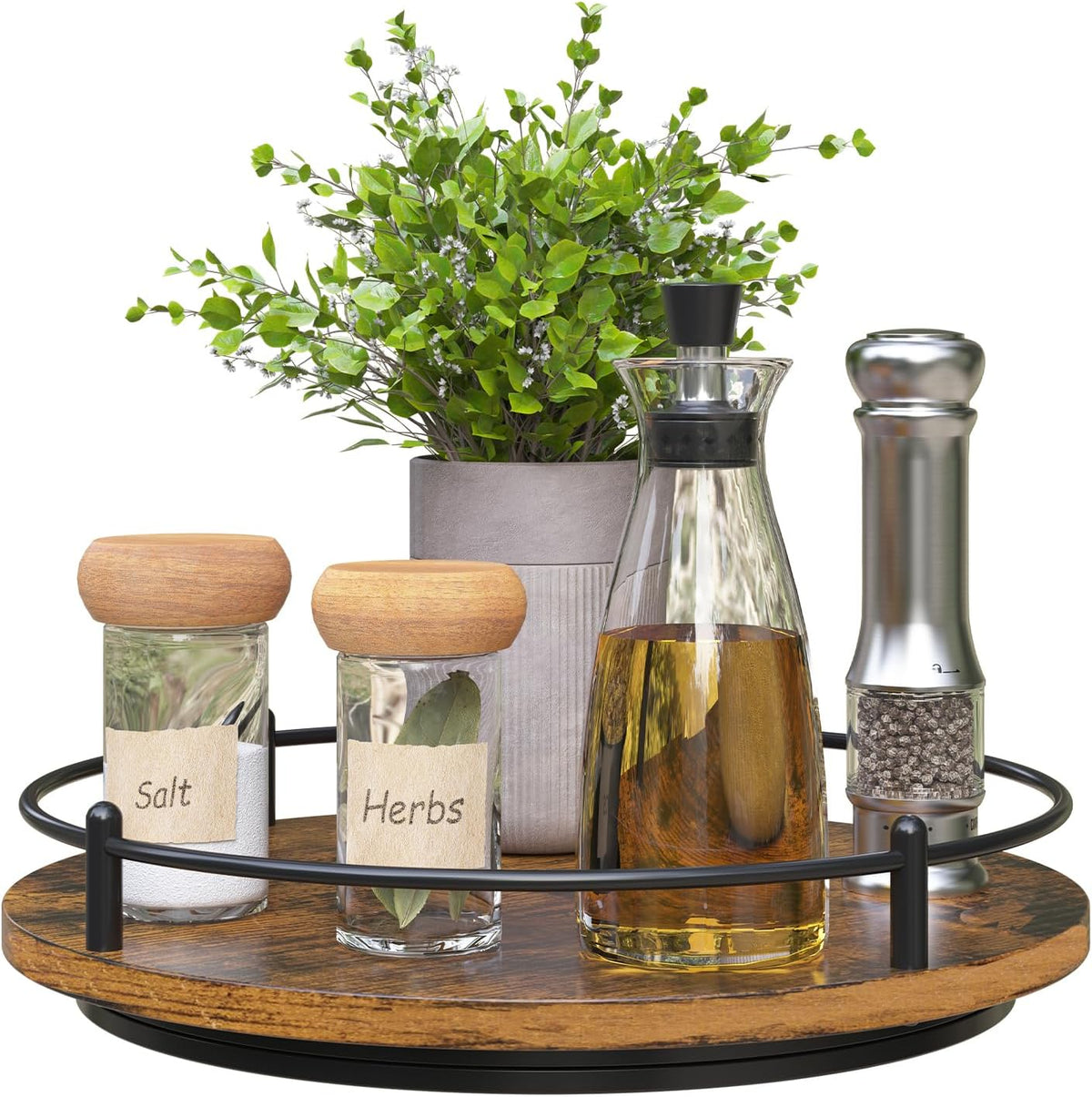 Lazy Susan Organizer：9 Inch Rotating Spice Rack for Kitchen Countertop Round Wooden Turntable Holder for Cabinet, Dining Table, Cupboard Storage – Black