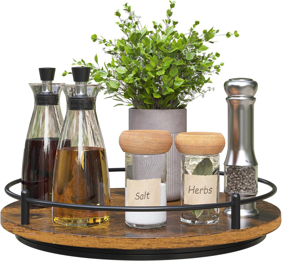 Lazy Susan Organizer：9 Inch Rotating Spice Rack for Kitchen Countertop Round Wooden Turntable Holder for Cabinet, Dining Table, Cupboard Storage – Black