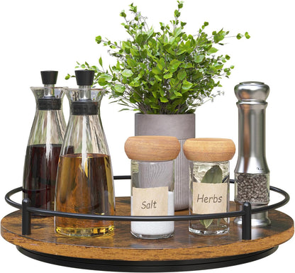 Lazy Susan Organizer：9 Inch Rotating Spice Rack for Kitchen Countertop Round Wooden Turntable Holder for Cabinet, Dining Table, Cupboard Storage – Black