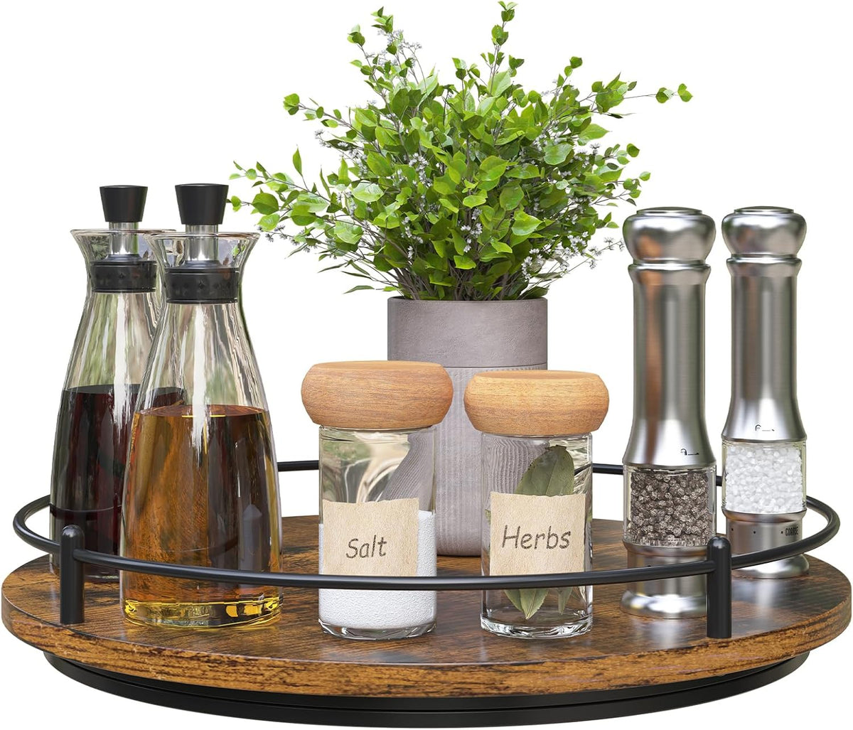 Lazy Susan Organizer：9 Inch Rotating Spice Rack for Kitchen Countertop Round Wooden Turntable Holder for Cabinet, Dining Table, Cupboard Storage – Black