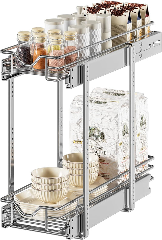 2 Tier Pull Out Cabinet Organizer (20" W X 21" D), Double Tier Wire Basket Slide Out Shelf Storage for Kitchen Base Cabinet Organization for Kitchen, Pantry, Bathroom, Chrome