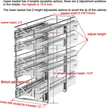2 Tier Pull Out Cabinet Organizer (20" W X 21" D), Double Tier Wire Basket Slide Out Shelf Storage for Kitchen Base Cabinet Organization for Kitchen, Pantry, Bathroom, Chrome