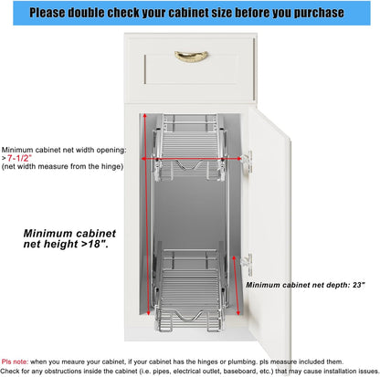2 Tier Pull Out Cabinet Organizer (20" W X 21" D), Double Tier Wire Basket Slide Out Shelf Storage for Kitchen Base Cabinet Organization for Kitchen, Pantry, Bathroom, Chrome
