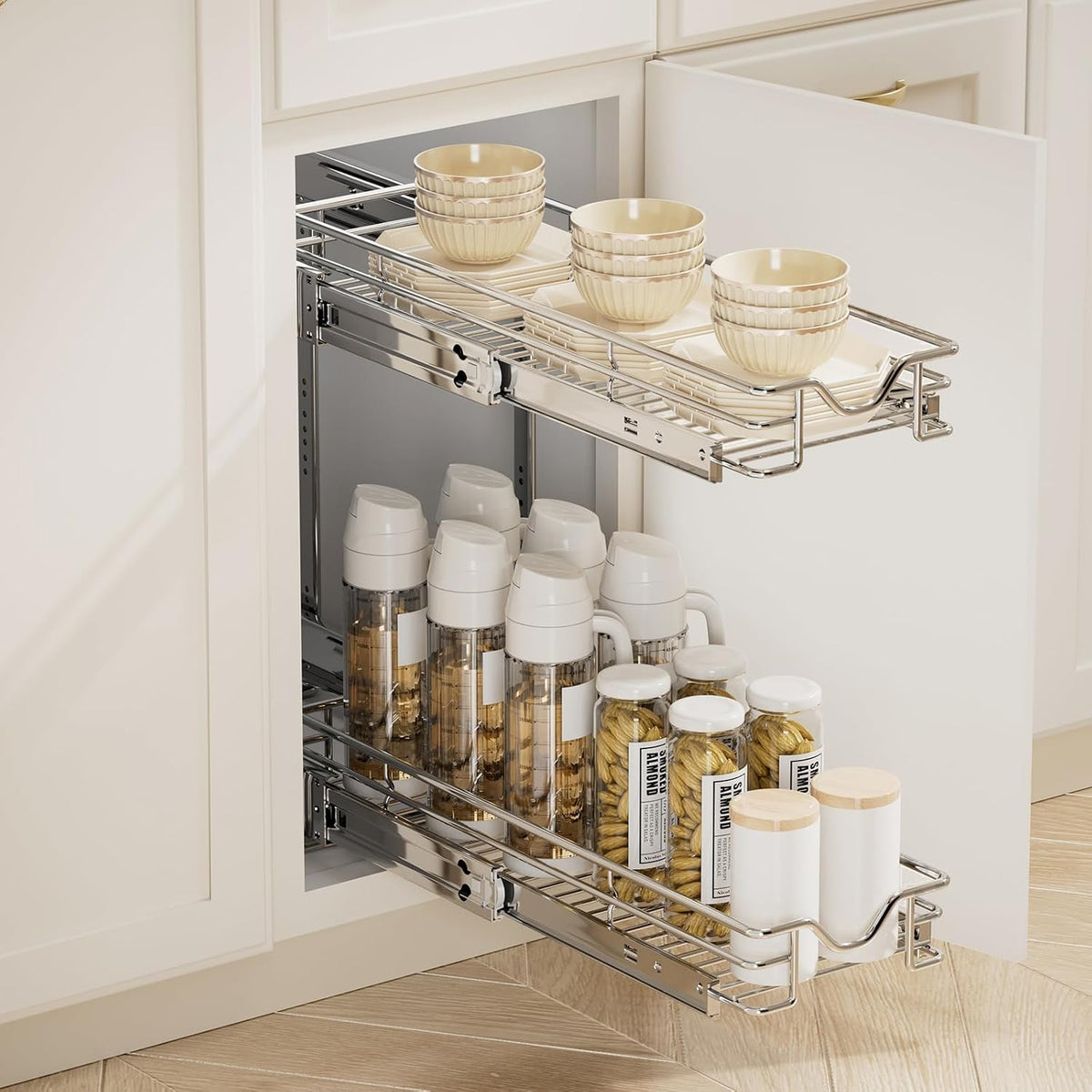 2 Tier Pull Out Cabinet Organizer (20" W X 21" D), Double Tier Wire Basket Slide Out Shelf Storage for Kitchen Base Cabinet Organization for Kitchen, Pantry, Bathroom, Chrome