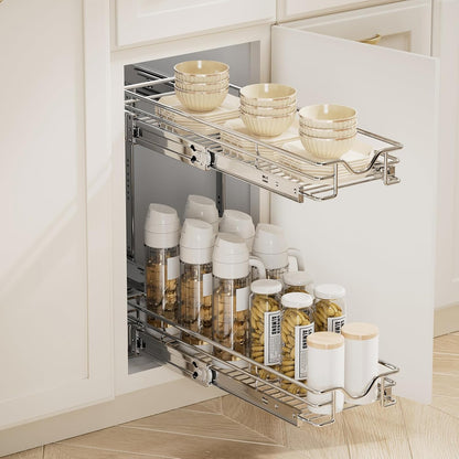 2 Tier Pull Out Cabinet Organizer (20" W X 21" D), Double Tier Wire Basket Slide Out Shelf Storage for Kitchen Base Cabinet Organization for Kitchen, Pantry, Bathroom, Chrome
