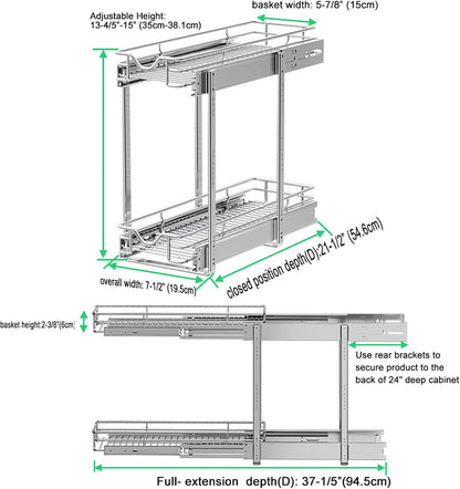 2 Tier Pull Out Cabinet Organizer (20" W X 21" D), Double Tier Wire Basket Slide Out Shelf Storage for Kitchen Base Cabinet Organization for Kitchen, Pantry, Bathroom, Chrome