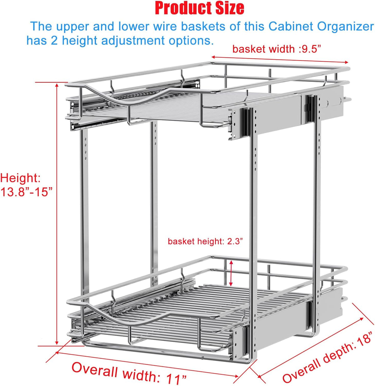 2 Tier Pull Out Cabinet Organizer (20" W X 21" D), Double Tier Wire Basket Slide Out Shelf Storage for Kitchen Base Cabinet Organization for Kitchen, Pantry, Bathroom, Chrome