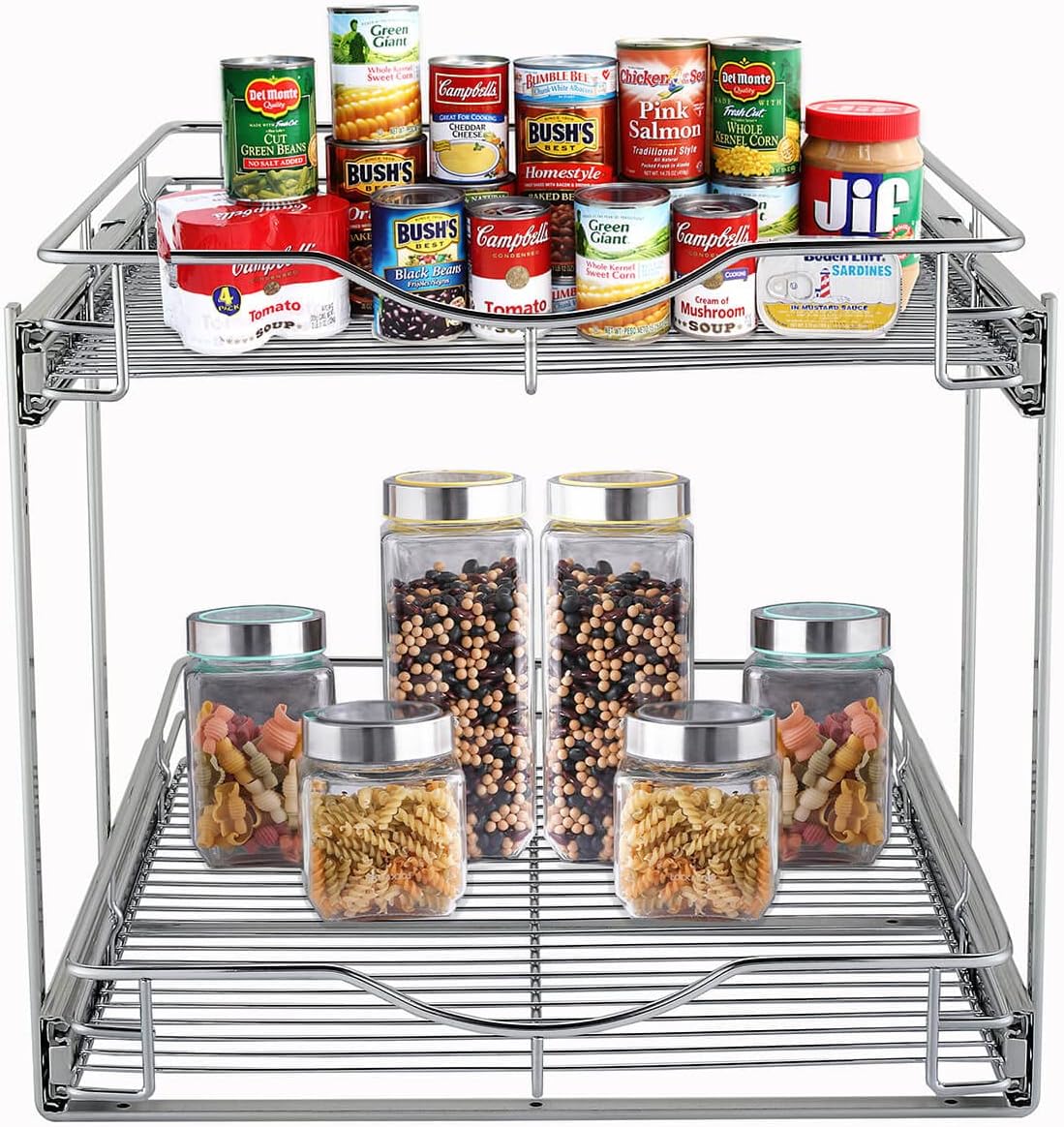 2 Tier Pull Out Cabinet Organizer (20" W X 21" D), Double Tier Wire Basket Slide Out Shelf Storage for Kitchen Base Cabinet Organization for Kitchen, Pantry, Bathroom, Chrome